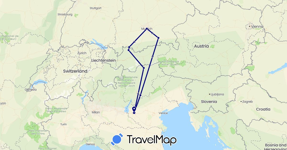 TravelMap itinerary: driving in Austria, Germany, Italy (Europe)
